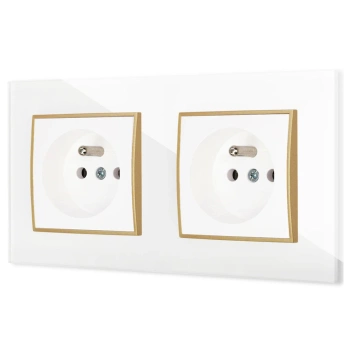 Dwa gniazda pojedyncze z ramką kwadratową efekt szkła seria ICON kolor biały/złoty