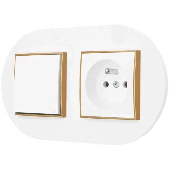 Włącznik pojedynczy z gniazdem pojedynczym z ramką okrągłą seria MINI kolor biały mat/złoty