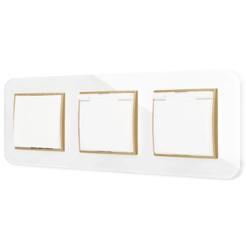 Włącznik pojedynczy i dwa gniazda hermetyczne z ramką zaokrągloną efekt szkła seria ICON kolor biały/złoty