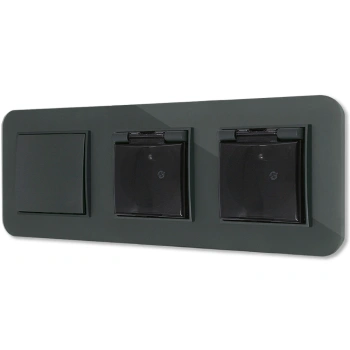 Włącznik pojedynczy i dwa gniazda hermetyczne z ramką zaokrągloną efekt szkła seria ICON kolor grafitowy mat