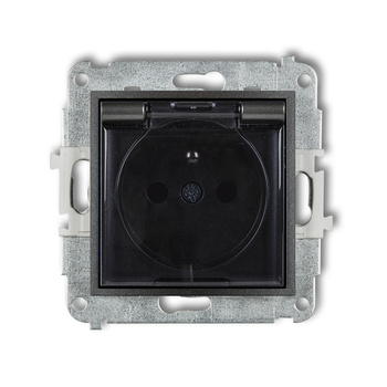 Mechanizm gniazda bryzgoszczelnego z uziemieniem 2P+Z klapka dymna, przesłony torów prądowych Karlik seria ICON 11IGPB-1zdp kolor grafitowy