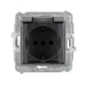 Mechanizm gniazda bryzgoszczelnego z uziemieniem SCHUKO 2P+Z klapka dymna, przesłony torów prądowych Karlik seria MINI 27MGPB-1sdp kolor szary mat