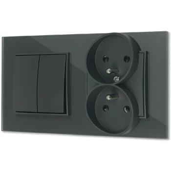 Włącznik podwójny z gniazdem podwójnym z ramką kwadratową efekt szkła seria ICON kolor grafitowy mat