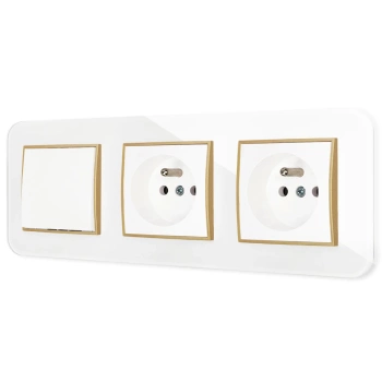 Włącznik pojedynczy i dwa gniazda pojedyncze z ramką zaokrągloną efekt szkła seria ICON kolor biały/złoty