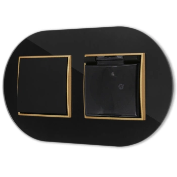 Włącznik pojedynczy z gniazdem hermetycznym z ramką okrągłą efekt szkła seria ICON kolor czarny/złoty