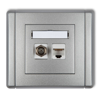 Gniazdo antenowe poj. typu F SAT + gniazdo komp. poj. 1xRJ45, kat. 5e, 8-stykowe Karlik seria FLEXI 7FGFK-1 kolor srebrny metalik