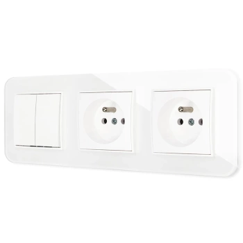 Włącznik podwójny i dwa gniazda pojedyncze z ramką zaokrągloną efekt szkła seria ICON kolor biały