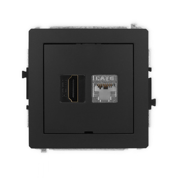 Mechanizm gniazda pojedynczego HDMI 2.0, 4K + gniazda komp. poj. 1xRJ45, kat. 6, ekranowany, 8-stykowy, bez pola opisowego Karlik seria DECO 12DGHKBO-46 kolor czarny mat