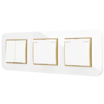 Włącznik podwójny i dwa gniazda hermetyczne z ramką zaokrągloną efekt szkła seria ICON kolor biały/złoty