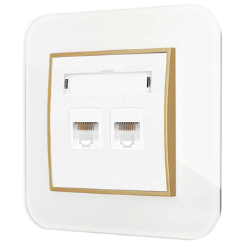 Gniazdo internetowe rj45 2x z ramką zaokrągloną efekt szkła seria ICON kolor biały/złoty