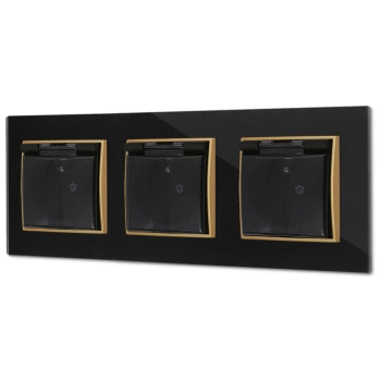 Trzy gniazda hermetyczne z ramką kwadratową efekt szkła seria ICON kolor czarny/złoty
