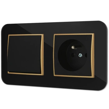 Włącznik pojedynczy z gniazdem pojedynczym z ramką zaokrągloną efekt szkła seria ICON kolor czarny/złoty