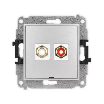 Mechanizm gniazda podwójnego RCA, bez pola opisowego typu cinch - biały i czerwony, pozłacany Karlik seria MINI 7MGRCABO-2 kolor srebrny metalik