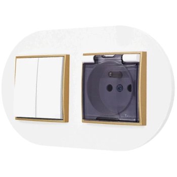 Włącznik podwójny z gniazdem hermetycznym z ramką okrągłą seria MINI kolor biały mat/złoty