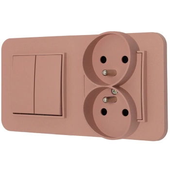 Włącznik podwójny z gniazdem podwójnym z ramką zaokrągloną seria MINI kolor łososiowy