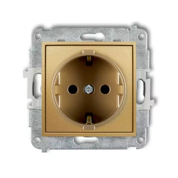 Mechanizm gniazda pojedynczego z uziemieniem SCHUKO 2P+Z z przesłonami torów Karlik seria MINI 29MGP-1sp kolor złoty