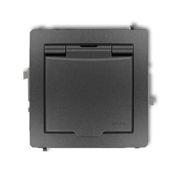 Mechanizm gniazda bryzgoszczelnego z uziemieniem 2P+Z klapka grafitowa, przesłony torów prądowych Karlik seria DECO 11DGPB-1zp kolor grafitowy