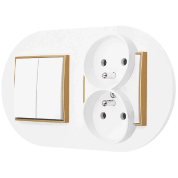 Włącznik podwójny z gniazdem podwójnym z ramką okrągłą seria MINI kolor biały mat/złoty