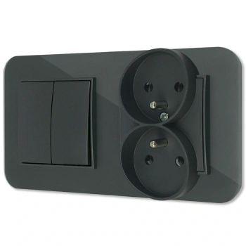 Włącznik podwójny z gniazdem podwójnym z ramką zaokrągloną efekt szkła seria ICON kolor grafitowy mat