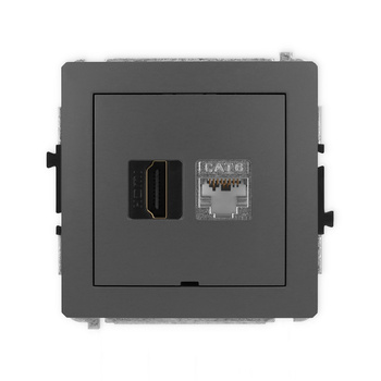 Mechanizm gniazda pojedynczego HDMI 2.0, 4K + gniazda komp. poj. 1xRJ45, kat. 6, ekranowany, 8-stykowy, bez pola opisowego Karlik seria DECO 28DGHKBO-46 kolor grafitowy mat