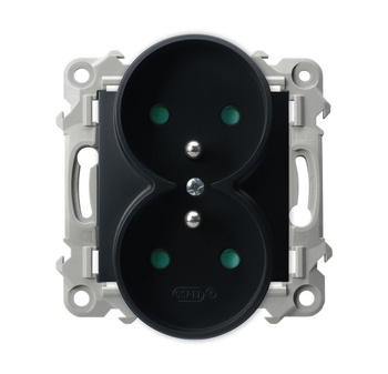 Gniazdo podwójne z uziemieniem z przesłonami torów prądowych, moduł bez ramki seria SZAFIR kolor Czarny metalik symbol GP-2ZRZP/m/33