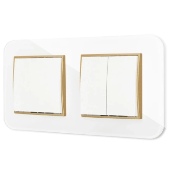 Dwa włączniki pojedynczy i podwójny z ramką zaokrągloną efekt szkła seria ICON kolor biały/złoty