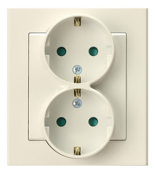Gniazdo podwójne z uziemieniem schuko z przesłonami torów prądowych, kompletne z ramką seria SONATA kolor Ecru symbol GP-2RSP/27