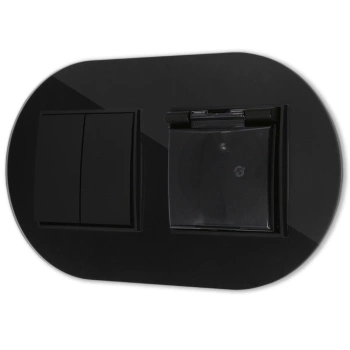 Włącznik podwójny z gniazdem hermetycznym z ramką okrągłą efekt szkła seria ICON kolor czarny