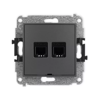 Mechanizm gniazda telefonicznego podwójnego 2xRJ11, 4-stykowy, beznarzędziowe, bez pola opisowego Karlik seria ICON 28IGTBO-2 kolor grafitowy mat
