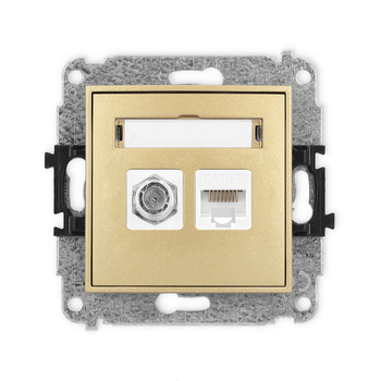 Mechanizm gniazda antenowego poj. typu F SAT + gniazda komp. poj. 1xRJ45, kat. 5e, 8-stykowy Karlik seria ICON 29IGFK-1 kolor złoty
