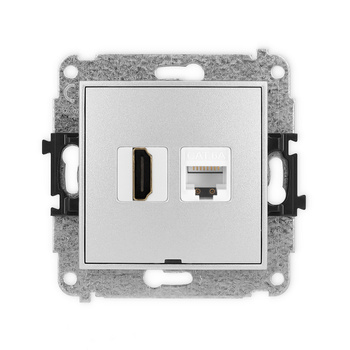 Mechanizm gniazda pojedynczego HDMI 2.0, 4K + gniazda komp. poj. 1xRJ45, kat. 6A, 8-stykowy, bez pola opisowego Karlik seria ICON 7IGHKBO-46A kolor srebrny metalik