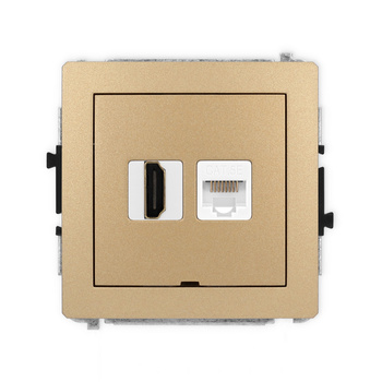 Mechanizm gniazda pojedynczego HDMI 2.0, 4K + gniazda komp. poj. 1xRJ45, kat. 5e, 8-stykowy, bez pola opisowego Karlik seria DECO 8DGHKBO-45e kolor złoty metalik