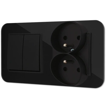 Włącznik podwójny z gniazdem podwójnym z ramką zaokrągloną efekt szkła seria ICON kolor czarny