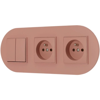Włącznik podwójny i dwa gniazda pojedyncze z ramką okrągłą seria MINI kolor łososiowy