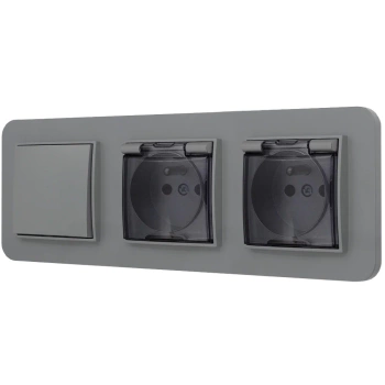 Włącznik pojedynczy i dwa gniazda hermetyczne z ramką zaokrągloną seria MINI kolor szary mat