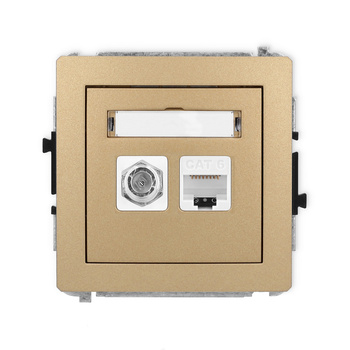 Mechanizm gniazda antenowego poj. typu F SAT + gniazda komp. poj. 1xRJ45, kat. 6, 8-stykowy Karlik seria DECO 8DGFK-3 kolor złoty metalik