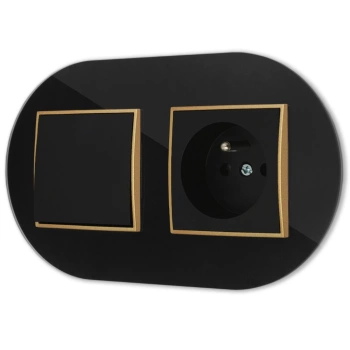 Włącznik pojedynczy z gniazdem pojedynczym z ramką okrągłą efekt szkła seria ICON kolor czarny/złoty
