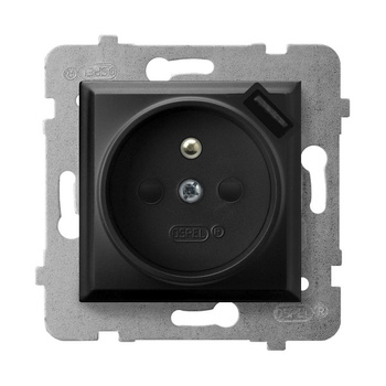 Gniazdo pojedyncze z uziemieniem z przesłonami torów prądowych, z ładowarką USB seria ARIA kolor Czarny metalik symbol GP-1UZPUSB/m/33