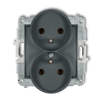 Mechanizm gniazda podwójnego do ramki z uziemieniem 2x2P+Z bez przesłon torów prądowych Karlik seria ICON 28IGPR-2z kolor grafitowy mat