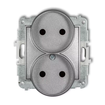 Mechanizm gniazda podwójnego do ramki bez uziemienia 2x2P z przesłonami torów Karlik seria ICON 7IGPR-2p kolor srebrny metalik