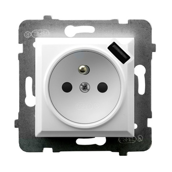 Gniazdo pojedyncze z uziemieniem z przesłonami torów prądowych, z ładowarką USB seria ARIA kolor Biały symbol GP-1UZPUSB/m/00