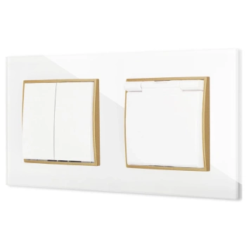 Włącznik podwójny z gniazdem hermetycznym z ramką kwadratową efekt szkła seria ICON kolor biały/złoty
