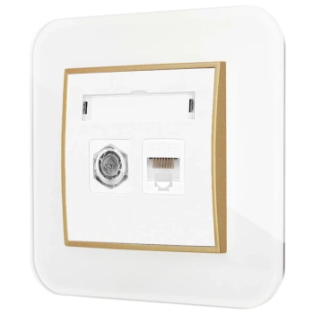 Gniazdo rj45/antenowe z ramką zaokrągloną efekt szkła seria ICON kolor biały/złoty