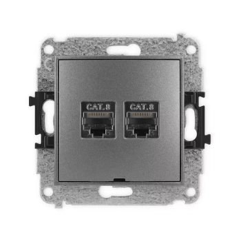 Mechanizm gniazda komputerowego podwójnego 2xRJ45, kat. 8, ekranowany, 8-stykowy, bez pola opisowego Karlik seria MINI 11MGKBO-12 kolor grafitowy