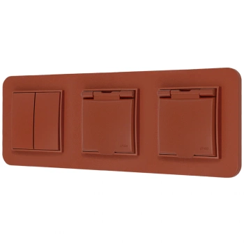 Włącznik podwójny i dwa gniazda hermetyczne z ramką zaokrągloną seria MINI kolor terakota