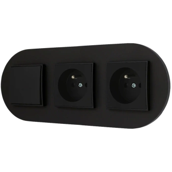 Włącznik pojedynczy i dwa gniazda pojedyncze z ramką okrągłą seria MINI kolor czarny mat