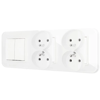 Włącznik podwójny i dwa gniazda podwójne z ramką zaokrągloną efekt szkła seria ICON kolor biały