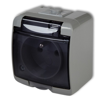 Gniazdo pojedyncze z uziemieniem 2P+Z klapka dymna; przesłony torów prądowych Karlik seria JUNIOR 10GHE-1dp kolor popielaty