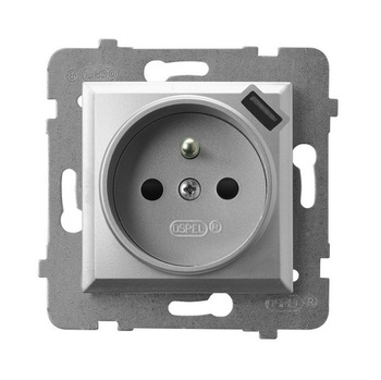 Gniazdo pojedyncze z uziemieniem z przesłonami torów prądowych, z ładowarką USB seria ARIA kolor Srebro symbol GP-1UZPUSB/m/18