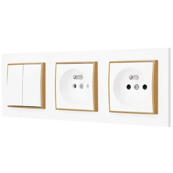 Włącznik podwójny i dwa gniazda pojedyncze z ramką prostą seria MINI kolor biały mat/złoty